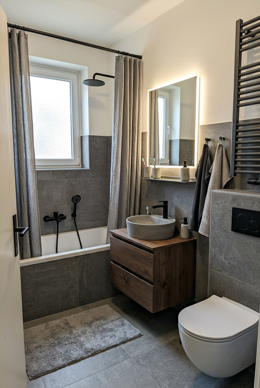 Badezimmer nach der Sanierung durch V&A Bau – neue Fliesen und moderne Ausstattung