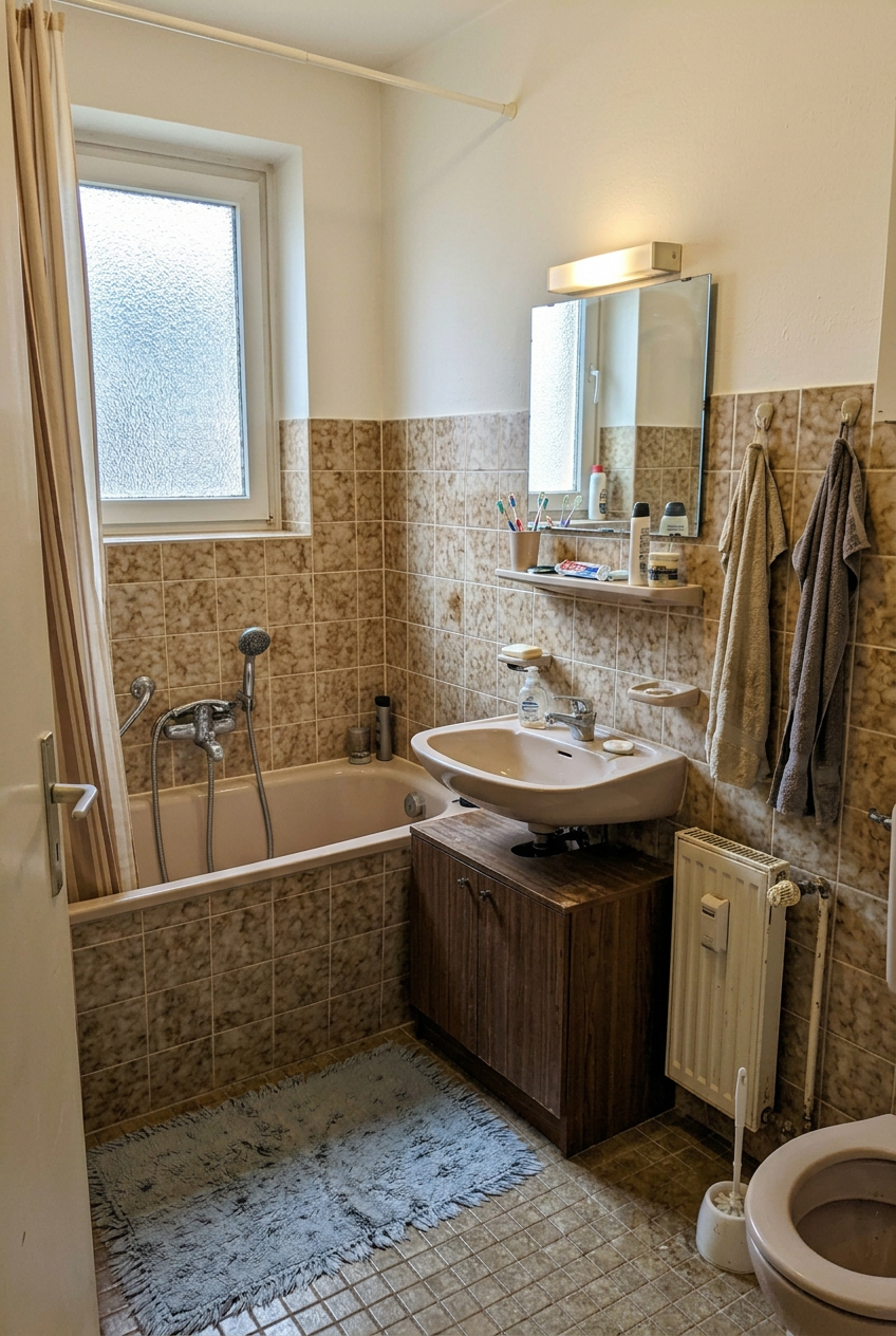 Badezimmer vor der Sanierung – alte Fliesen und veraltete Ausstattung