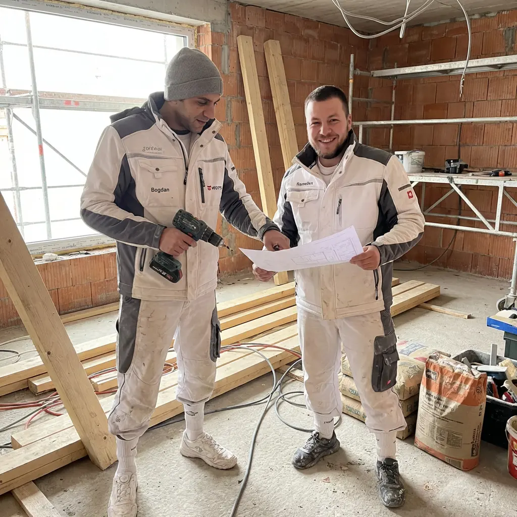 Vasil und Ayan bei der Bauplanung auf der Baustelle