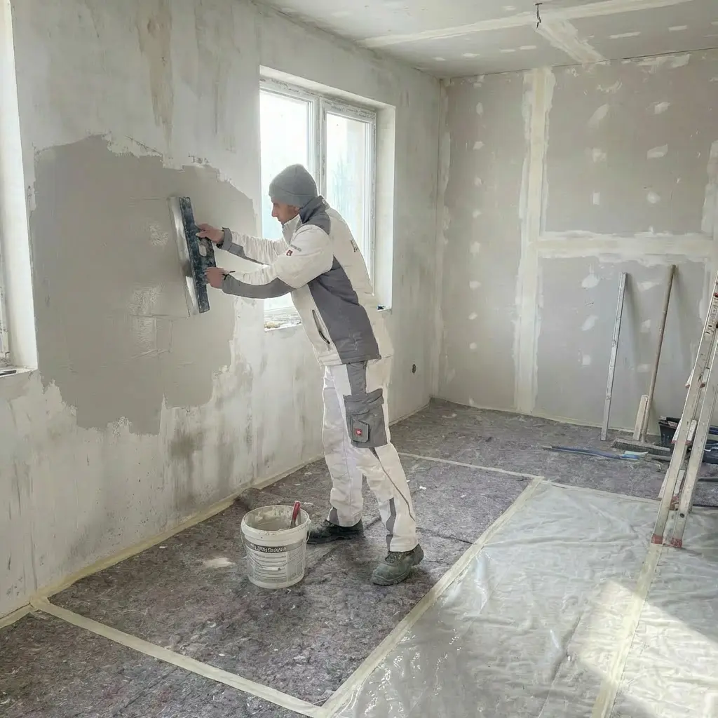 Vasil beim Verputzen und Spachteln
